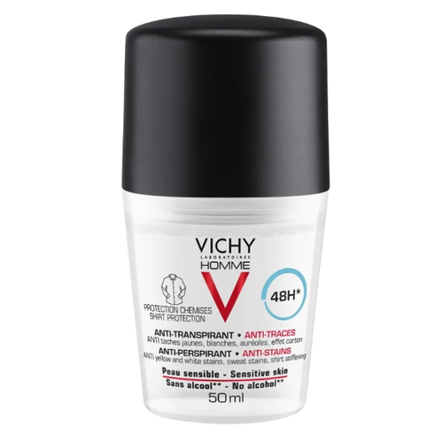 Vichy Homme Deo roll-on proti škvrnám 48H antiperspirant na citlivú pokožku 50 ml